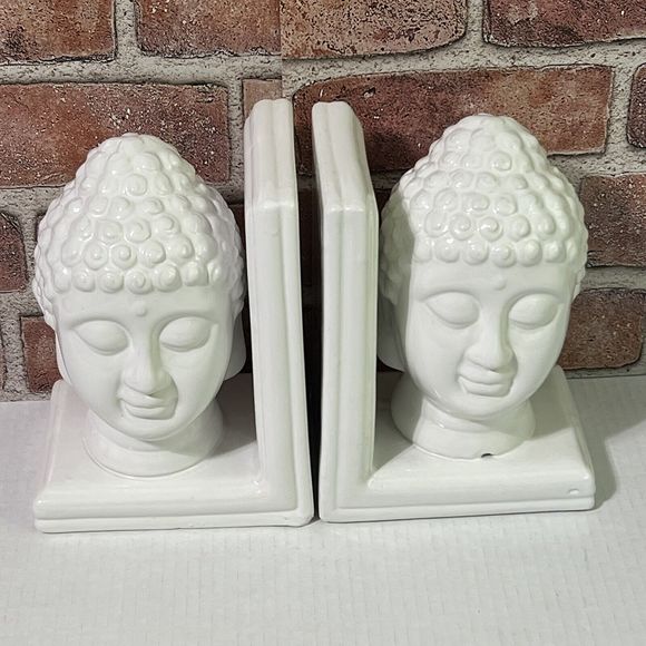 Buddha Bookends Set of 2 White Ceramic Oriental Zen Design Home Accent NWT - Picture 9 of 17